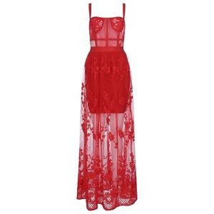 Red lace maxi floral dress